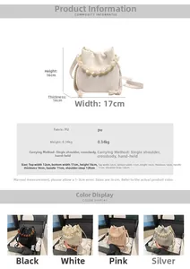 Detailed size chart for pleated bucket bag featuring pearl handle and PU dimensions