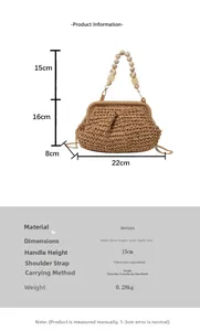 Detailed dimensions of summer straw woven handbag with beaded handle and chain strap