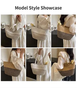 Détails de grands sacs cabas tissés en crème et caramel portés par un mannequin en été