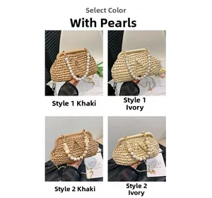 Detail of straw woven bucket bags with elegant pearl and marble bead handles in two colors