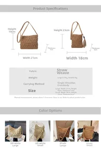 Size chart and specifications for handwoven straw shoulder bags in khaki and off-white