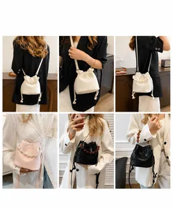 Detailed views of pleated bucket bags with beaded handles in white silver pink and black