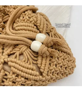 Detailed macro view of woven straw texture with decorative white beads and tassel accents