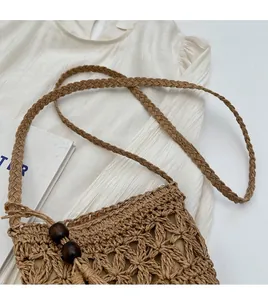 Detailed shot of woven straw bag with openwork patterns and wooden bead accents
