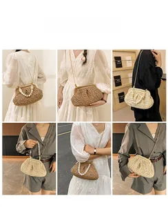 Fashionable woven straw bags with faux pearl handles and chain straps on various outfits