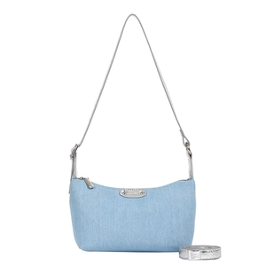 Vintage light blue denim shoulder bag with silver hardware and adjustable strap
