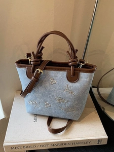 Women Vintage Denim Bucket Bag With White Floral Embroidery Brown PU Leather Knot Handle Casual Crossbody Shoulder Tote Bag