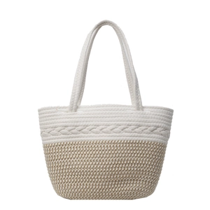 Sac fourre-tout tissé bicolore avec textures crème et beige pour les vacances à la plage
