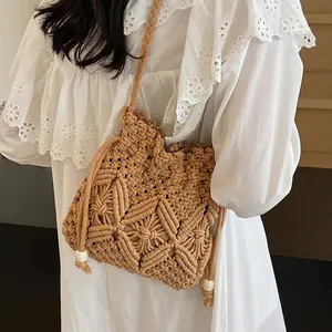 Women Handmade Woven Bucket Bag Cotton Linen Macrame Straw Beach Bag Bohemian Crossbody Shoulder Bag With Wooden Beads Decoration