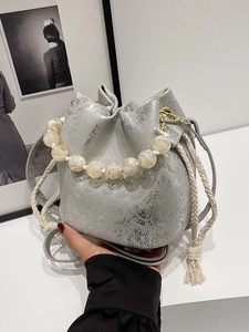 Women Pleated PU Leather Bucket Bag With Pearl Beaded Handle Drawstring Adjustable Shoulder Strap Crossbody Handbag Fashion