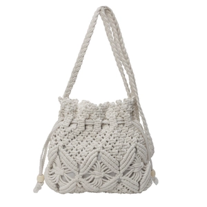 Handmade cream macrame bucket bag with bohemian weave and wooden bead drawstring