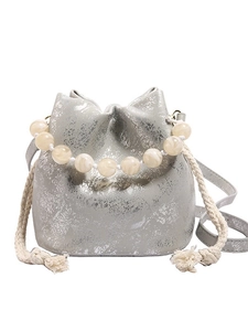Silver wrinkled texture bucket bag with marble bead handle and crossbody strap