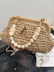Handwoven straw cloud bag with marble bead handle and golden metal chain strap