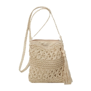 Beige woven crochet crossbody bucket bag with floral texture and tassel detail