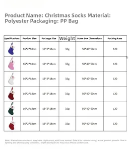 Size chart table for knitted Christmas stockings with letter embroidery and loop