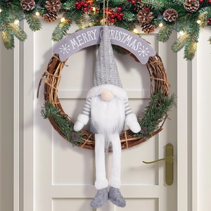 Christmas gnome wreath with sequined hat and Merry Christmas banner for door decoration