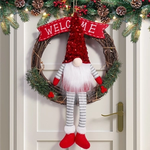 Christmas Gnome Rattan Wreath With Sequin Hat Plush Doll Stripe Legs Welcome Banner For Front Door Wall Holiday Decoration