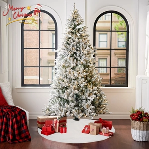 Detail of 36-inch white knitted Christmas tree skirt with festive indoor holiday decor