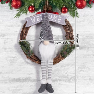 Close-up of a 14-inch Christmas wreath with a sequin gnome, pine cones and Welcome sign