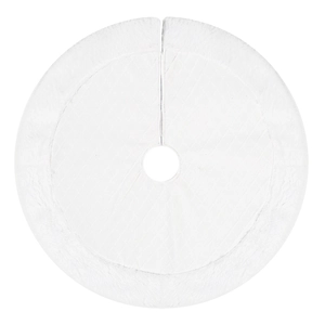 Detail view of white Christmas tree skirt with plush faux fur trim and quilted pattern