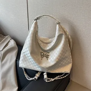 Women Checkerboard Shoulder Bag Large Capacity PU Leather Tote Bag With Metal Butterfly Decor And Chain Strap Fashion Hobo Bag