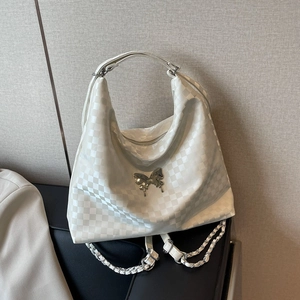 Large white checkerboard tote bag with silver butterfly buckle and chain strap