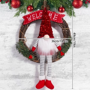 Christmas gnome wreath with welcome banner, red sequins and rustic pine berry details