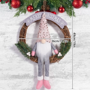 Detailed view of Gnome Christmas wreath with size labels showing 49cm height and 36cm width