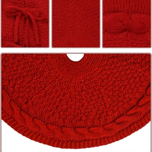 Classic 18-inch red cable knit Christmas tree skirt with festive bow closure detail