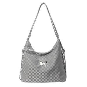 Grey checkered tote bag with metal butterfly charm and chain strap for women