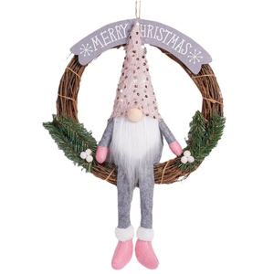 Pink Christmas gnome wreath with Merry Christmas banner and artificial pine branches