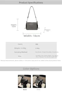Detailed size chart for rhinestone cylinder handbag with 18cm width and chain strap