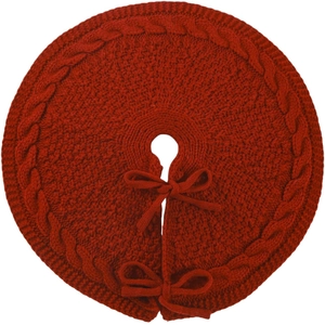 Classic 18 inch red knitted Christmas tree skirt with cable stitch and ribbon ties