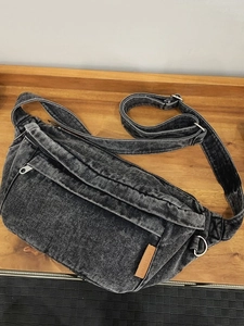 Borsa a tracolla retrò in denim lavato grigio antracite con grande capacità e tasche