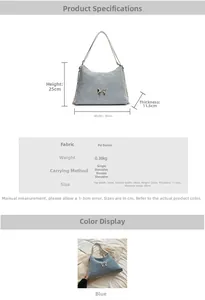 Specifiche dettagliate su dimensioni e materiali per borsa tote blu con fiocco argento