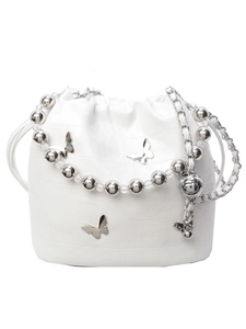 White crocodile pattern bucket bag with silver butterfly charms and beaded chain strap