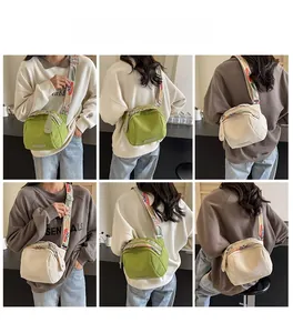 Detail of canvas nylon shell bag with colorful wide shoulder strap and zip pockets