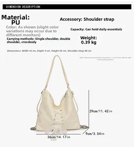 Detail view of cream PU bag specifications including dimensions 36x9x29cm and lace design