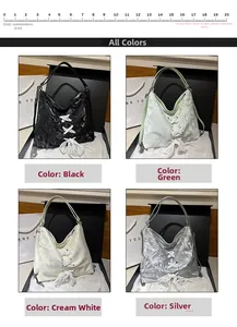 Four-color ruffled tote bags with lace bows and size scale for proportion reference