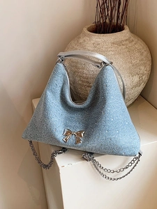 Borsa a Tracolla da Donna in Denim alla Moda Con Fiocco in Metallo Catena d'Argento Grande Capacità Strass Hobo Tote Bag Borsa Casual