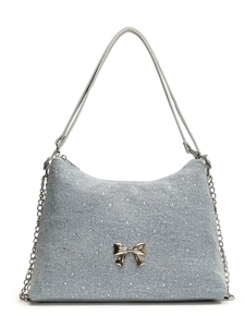 Borsa tote in denim con paillettes argento, fiocco in metallo e tracolla a catena