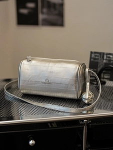 Women Metallic PU Leather Cylinder Crossbody Bag Luxury Silver Black Pillow Shoulder Bag With Metal Ball Pendant Versatile Urban Handbag