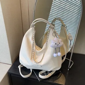 Women Large Capacity Hobo Bag Lychee Pattern PU Leather Multi Functional Shoulder Bag With Chain And Cloud Charm Backpack
