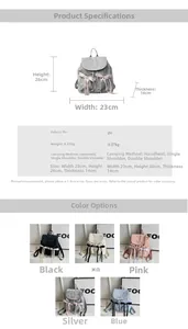Detailed size specifications and five color variants of the bow ribbon PU backpack