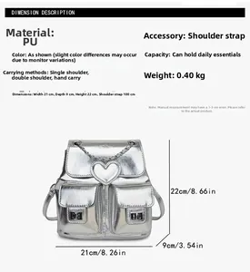 Size chart showing dimensions for a silver PU leather bucket backpack with chain detail