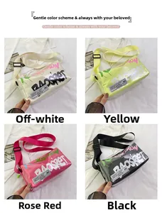 Detailed grid view of stylish jelly crossbody bags in white, yellow, rose, and black colors
