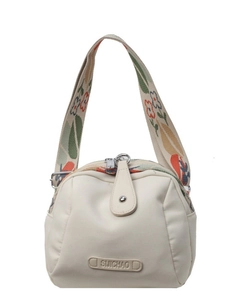 Cream white canvas oxford shoulder bag with wide floral embroidered strap and zip closure