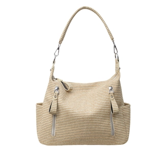 Large beige woven hobo tote bag with decorative vertical zippers and crossbody strap