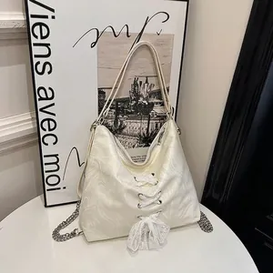 Large Tote Bag Women Marble Pattern Shoulder Bag Lace Up Bow Decoration Silver Chain Street Trend Fashion Handbag