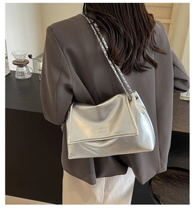 Detail of silver metallic textured crossbody bag with chain strap and branding